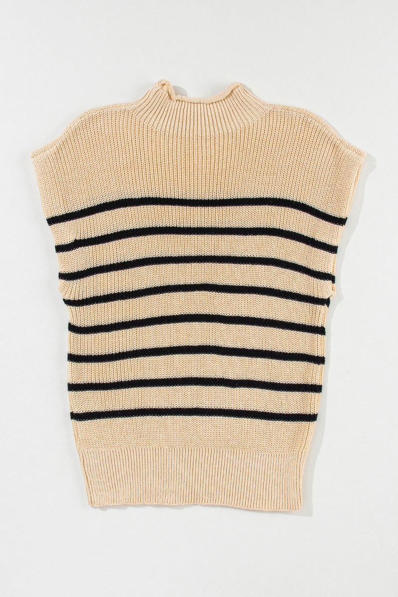 Parchment Striped Ribbed Knit High Neck Sweater