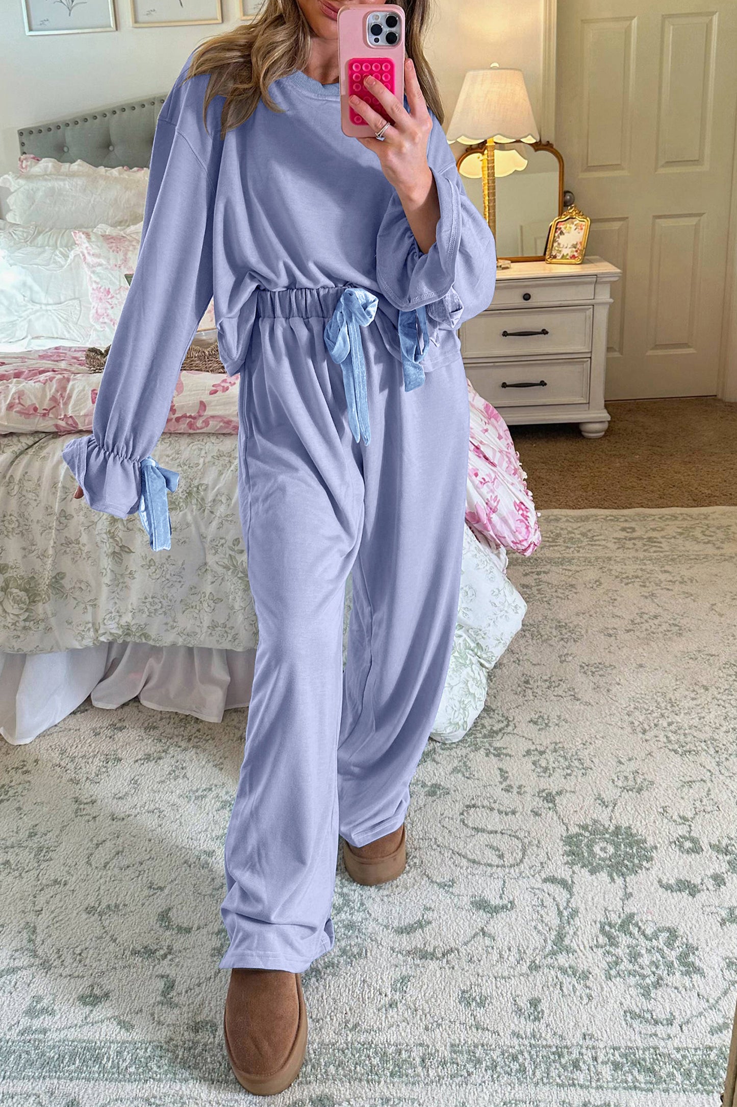 Beau Blue Flounce Long Sleeve Top Drawstring Pants Contrast Velvet Bow Knot 2pcs Lounge Set