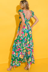 Green Floral Print Sleeveless Ruffle Tiered Maxi Dress