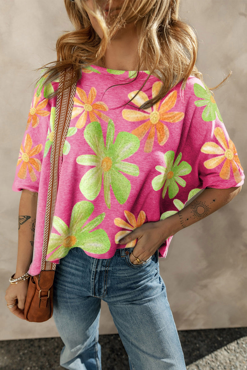 Rose Big Flower Pattern Baggy T Shirt