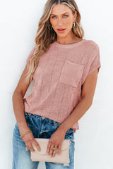 Dusty Pink Lattice Textured Knit Short Sleeve Sweater