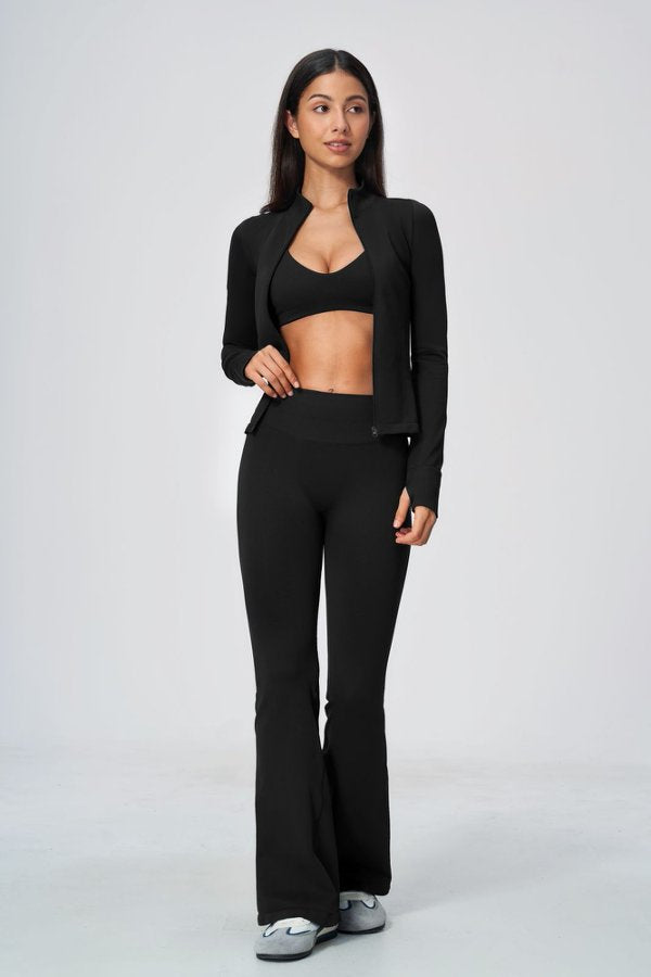 Sporty Bra& High Waisted Flare Pants with Crop Jacket Set