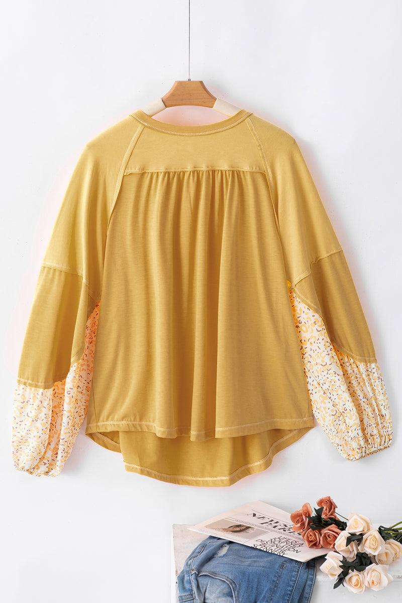Beige Floral Colorblock Balloon Sleeve Exposed Seam Top