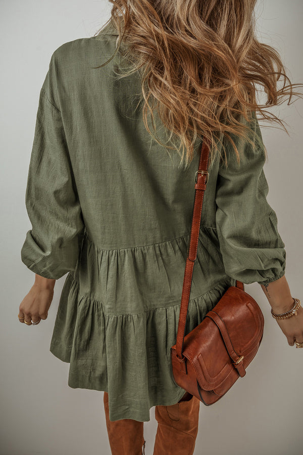 Jungle Green Puff Sleeve Buttoned Tiered Pleated Shirt Mini Dress