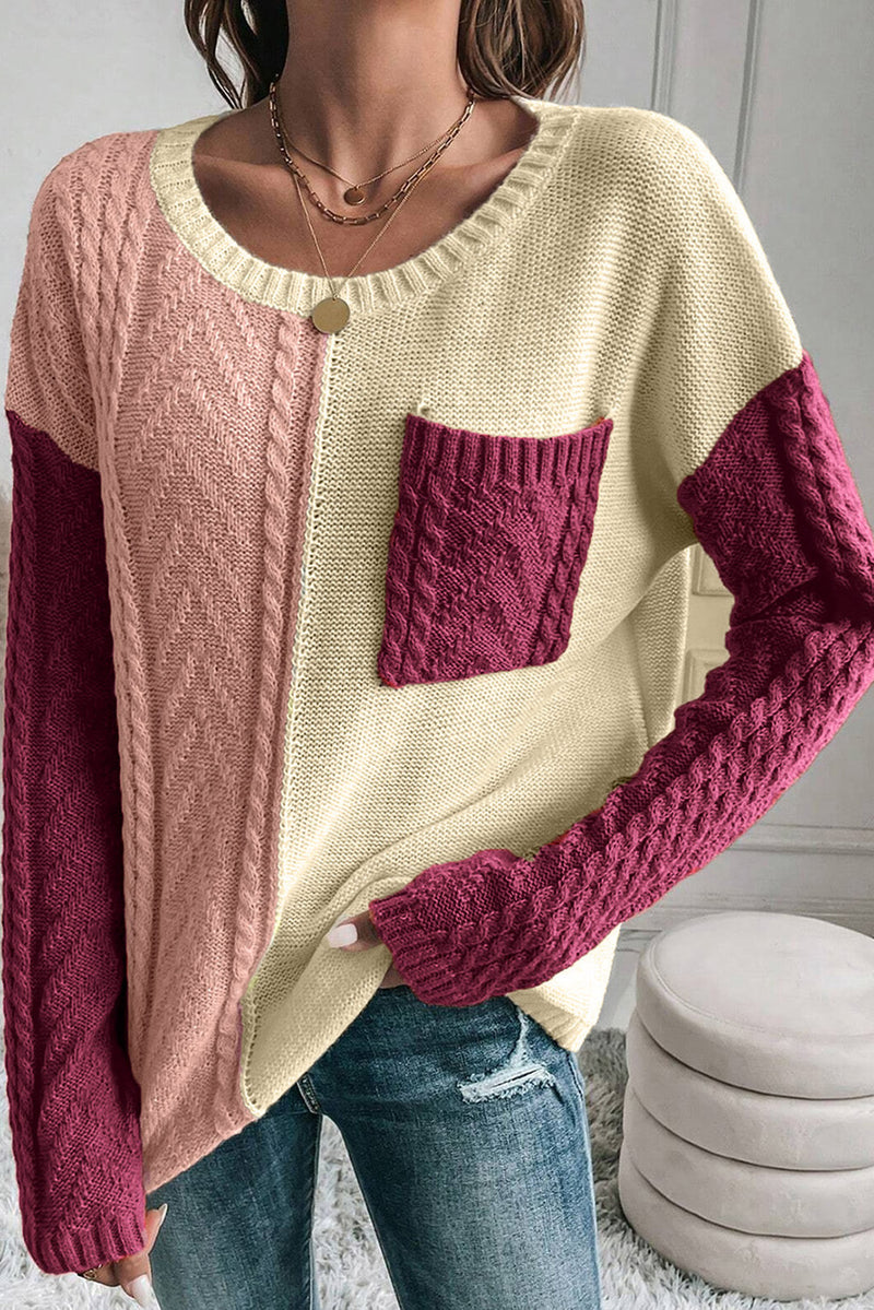 Rose Tan Colorblock Patched Pocket Drop Shoulder Sweater