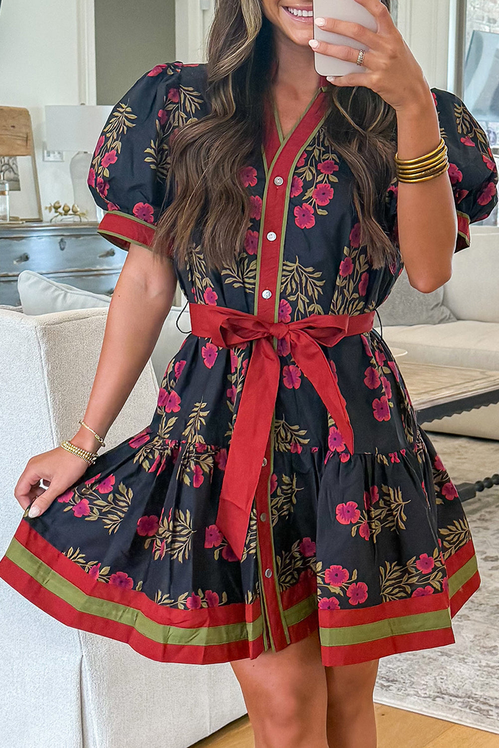 Black Retro Floral Print Button Down Belted Short Puff Sleeve Mini Dress