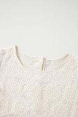 Oatmeal Flower Jacquard Button Back Ruffled 3/4 Sleeve Blouse