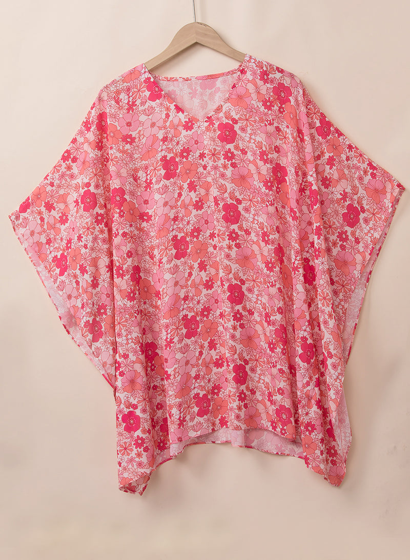 Pink Boho Floral V Neck Kimono Style Blouse