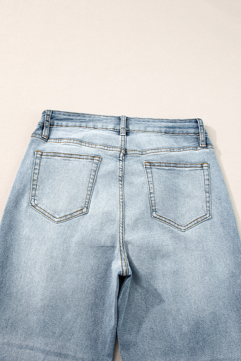 Light Blue Acid Wash Raw Edge Straight Jeans