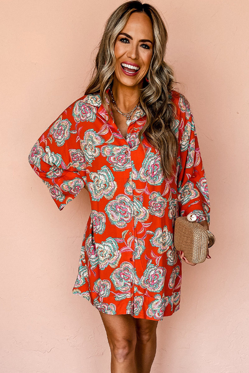 Red Floral Print Lapel Collar Loose Shirt Mini Dress