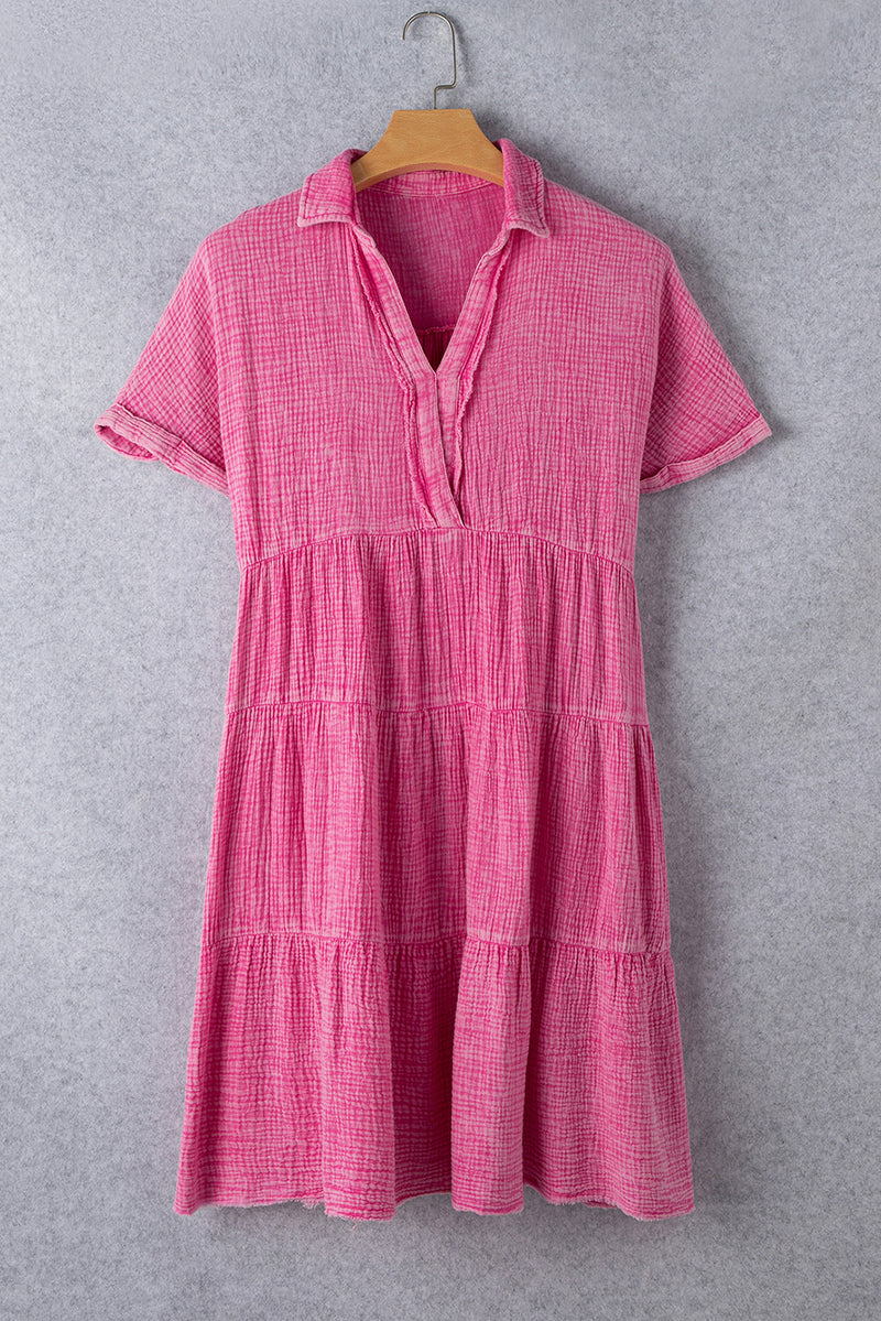 Strawberry Pink Mineral Wash Crinkle Split Neck Raw Hem Tiered Dress