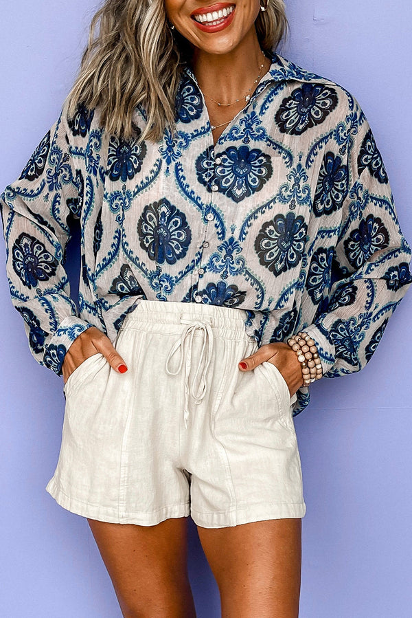 Blue Tribal Pattern Buttoned Front Loose Shirt