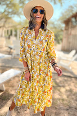 Yellow Boho Floral Collared Long Sleeve Ruffled Dress