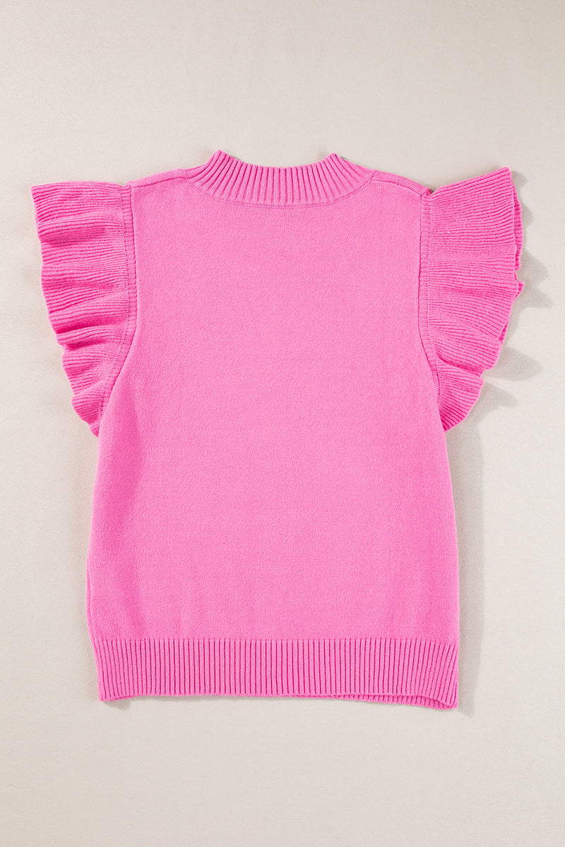 Bonbon Ribbed Mock Neck Ruffled Short Sleeve Sweater