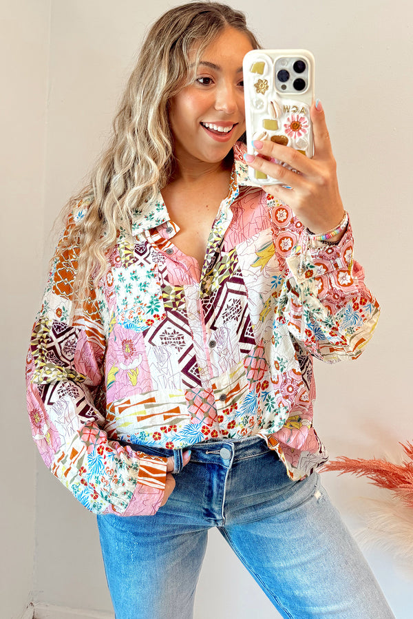 Pink Abstract Colorful Printed Button Down Shirt