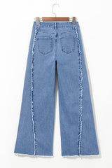 Beau Blue Vintage Stitching Raw Hem Flared Jeans