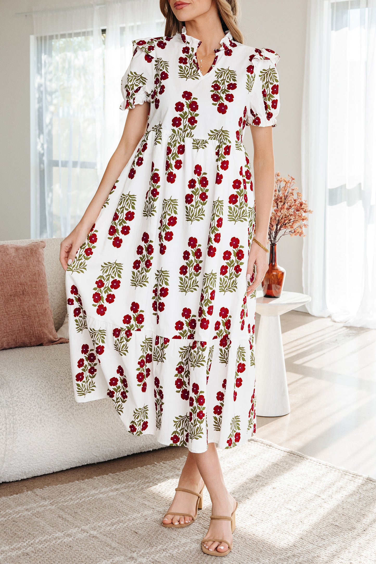 Beige Floral Short Bubble Sleeve Tiered Maxi Dress