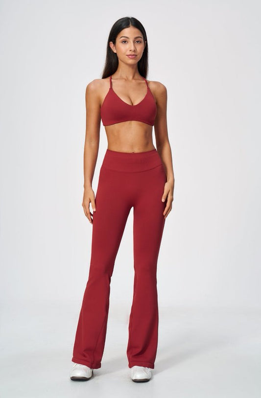 Criss Cross Strap V Neck Bra & Flared Leggings Set