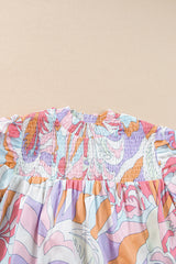 Pink Abstract Print Bubble Sleeve Smock Detail Blouse