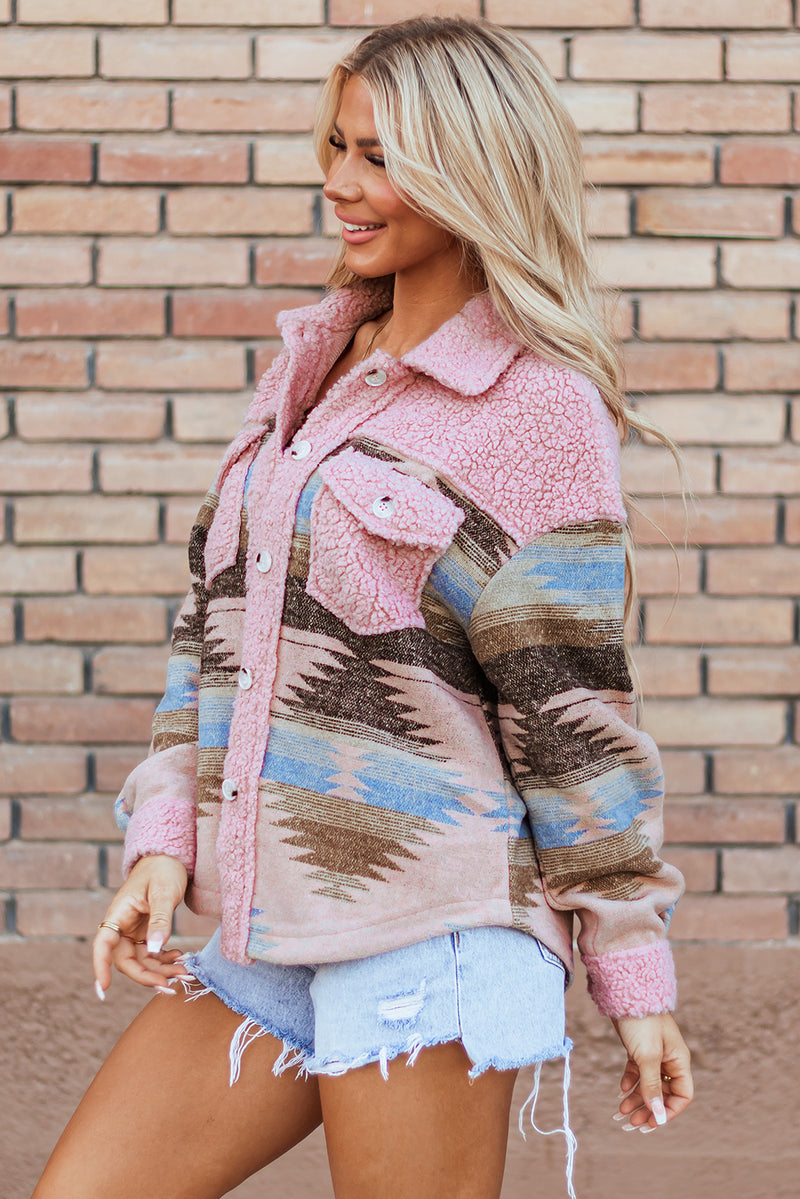 Pink Western Aztec Print Sherpa Splicing Buttoned Flap Pocket Coat