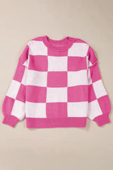 Rose Stripe Checkered Bishop Sleeve Sweater