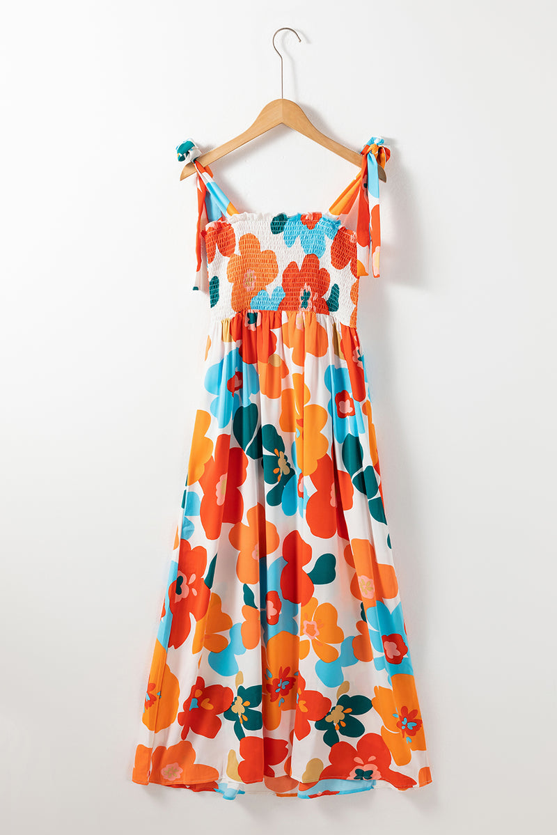 Orange Floral Self Tied Straps Smocked Bust Maxi Dress