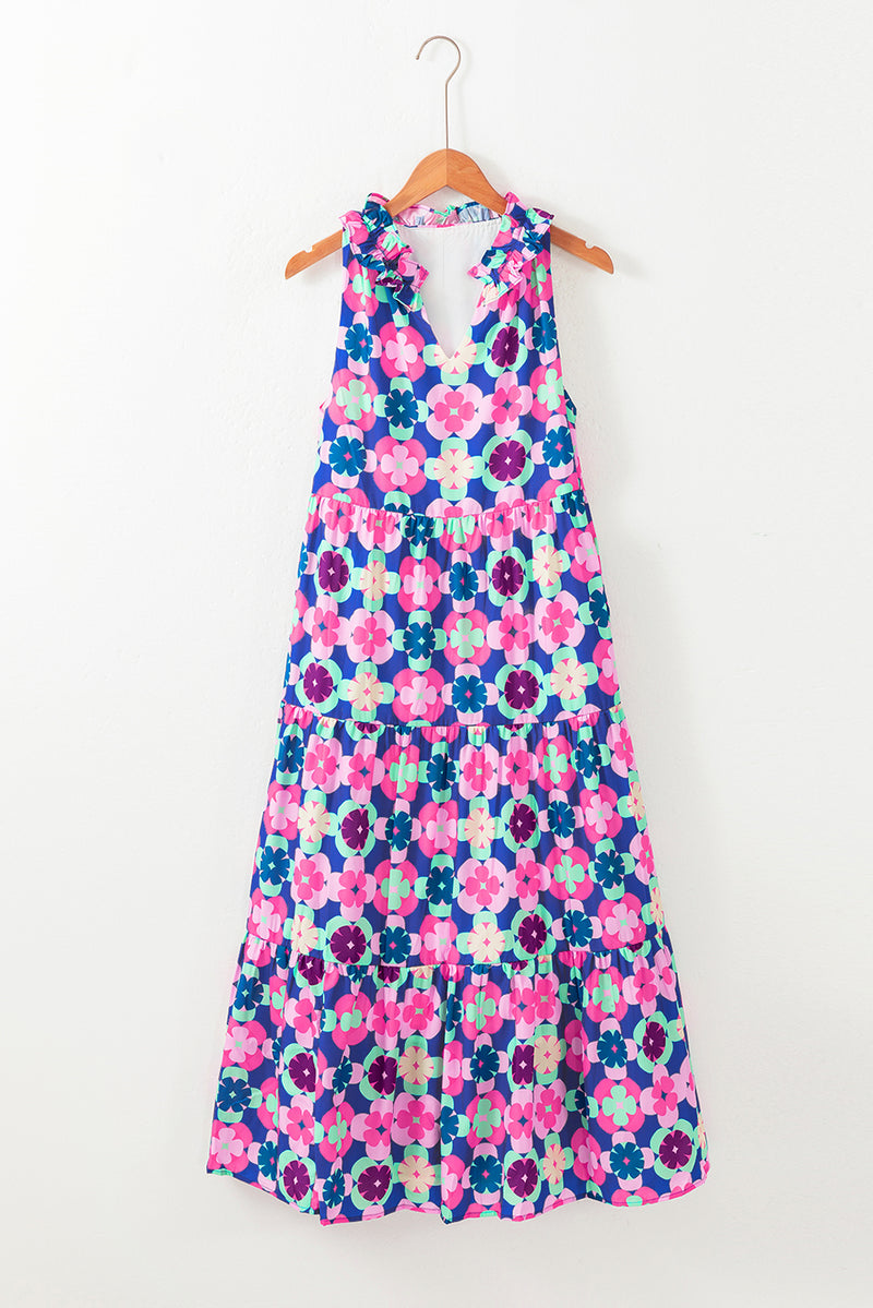 Blue Floral Print Frilly Neck Sleeveless Tiered Maxi Dress