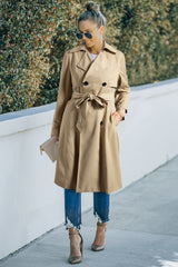 Pale Khaki Solid Color Lapel Collar Waist Tie Wind Coat