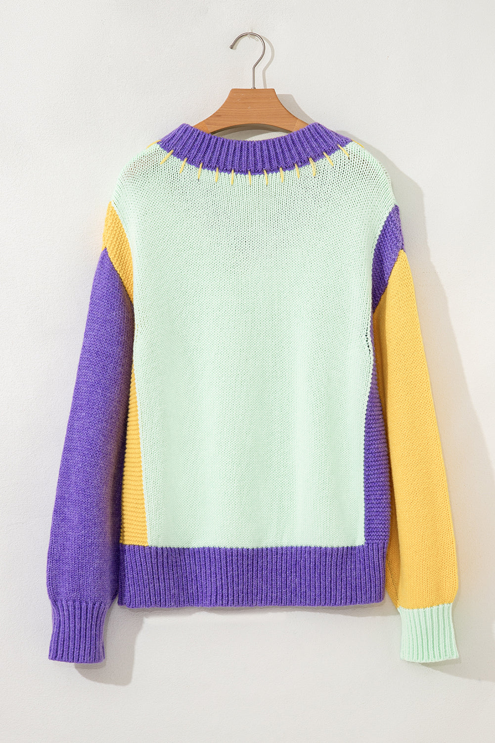 Green Stitched V Neck Color Block Knitted Drop Shoulder Sweater