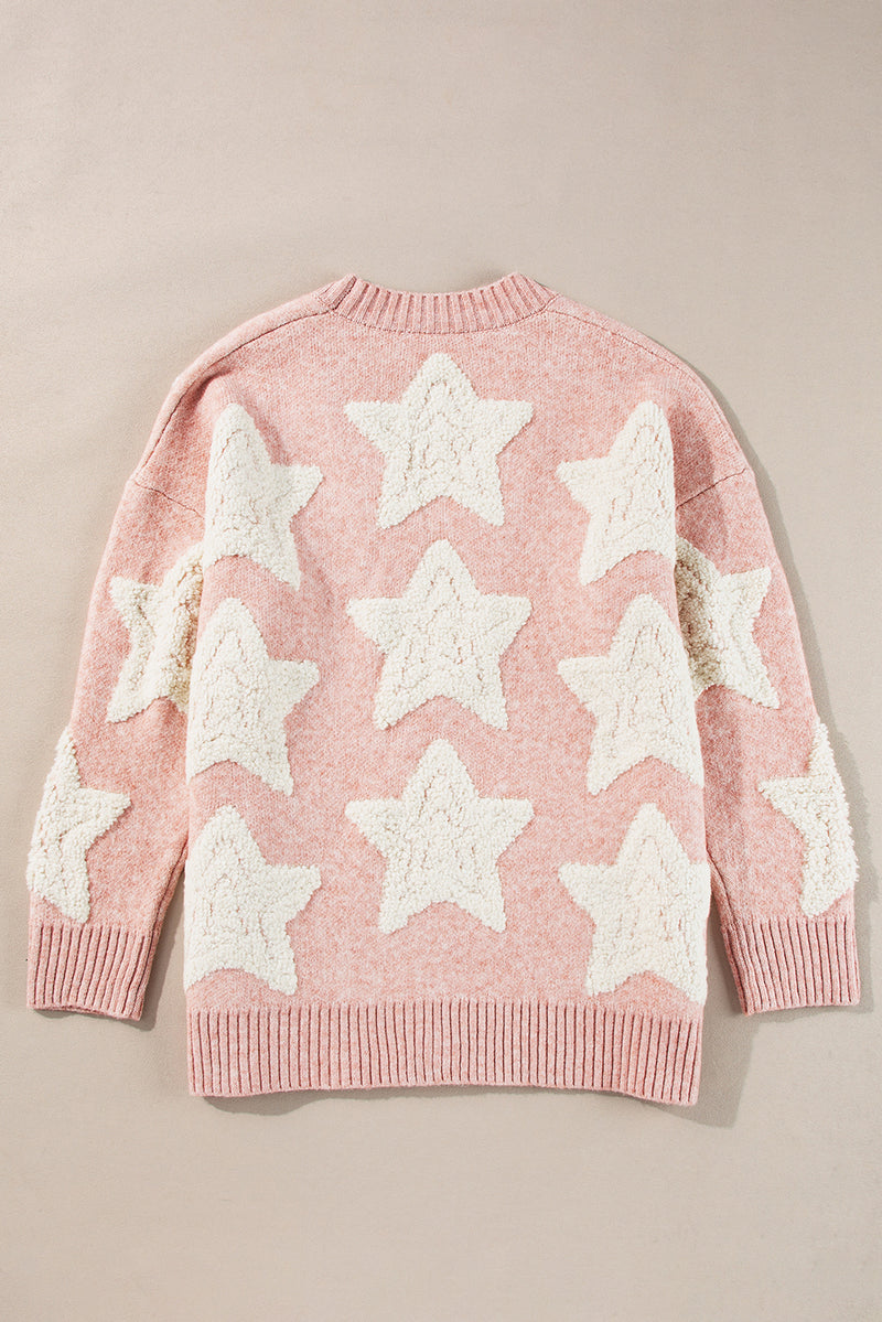 Pink Sherpa Star Pattern Textured Sweater Cardigan with Pockets