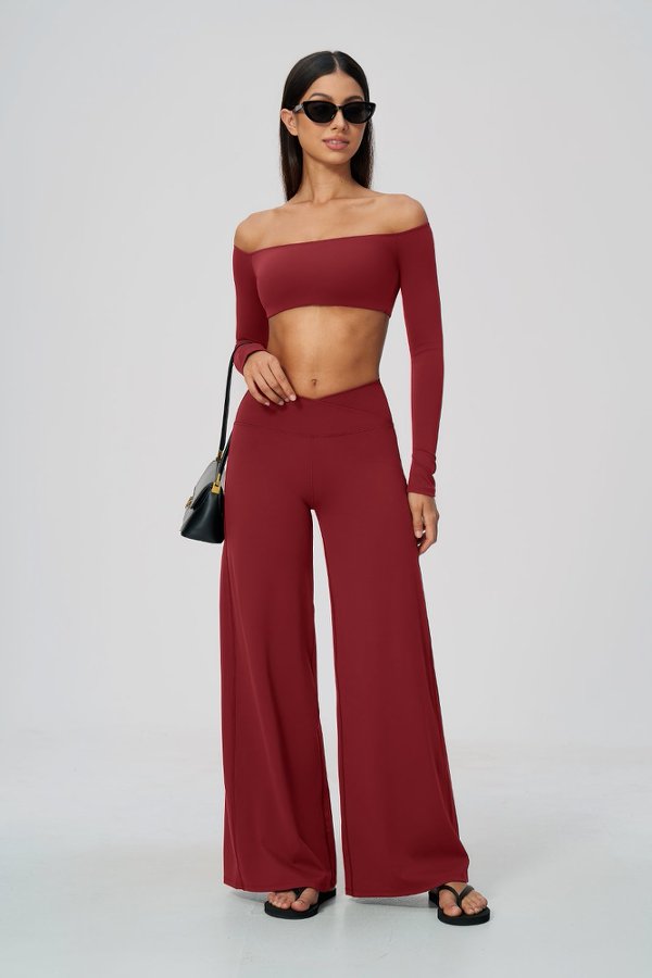 Off-Shoulder Long Sleeve Crop Top and High Waisted Wide Leg