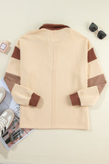 Light French Beige Striped Colorblock Patchwork Collar Sweatshirt