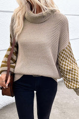 Smoke Gray Striped Plaid Patchwork Waffle Knit Turtleneck Sweater