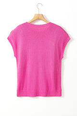 Bright Pink Corded Flower Embroidery Short Sleeve Knitwear Top