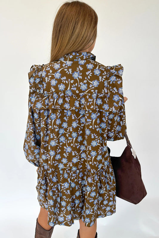 Brown Floral Print Ruffled Detail Shirt Collar Button Down Long Sleeve Dress