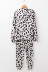 Khaki Leopard Print Drawstring Hoodie and Skinny Pants Pajama Set