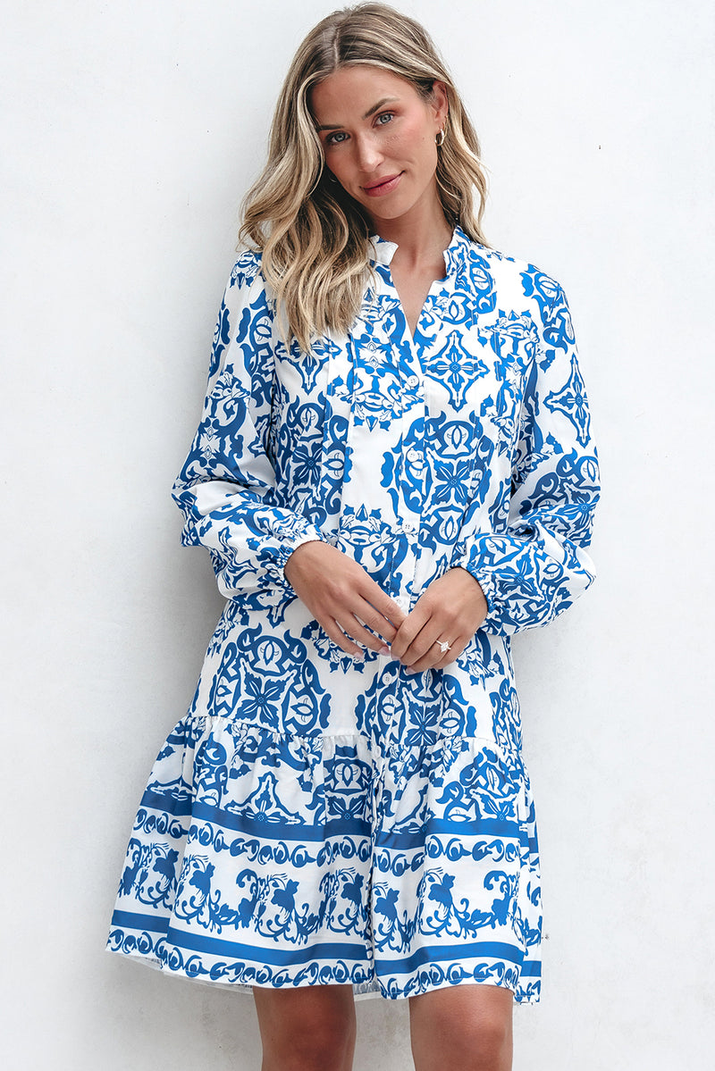 Sky Blue Tribal Print Button Up Notch Neck Loose Mini Dress