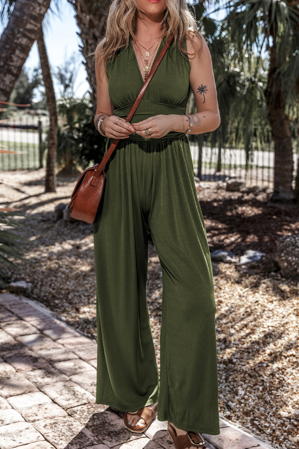 Moss Green Sleeveless V Neck Ruched Wide Leg Jumpsuit