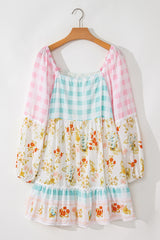 Pink Ric Rac Plaid Floral Print Patchwork Bubble Sleeve Dress