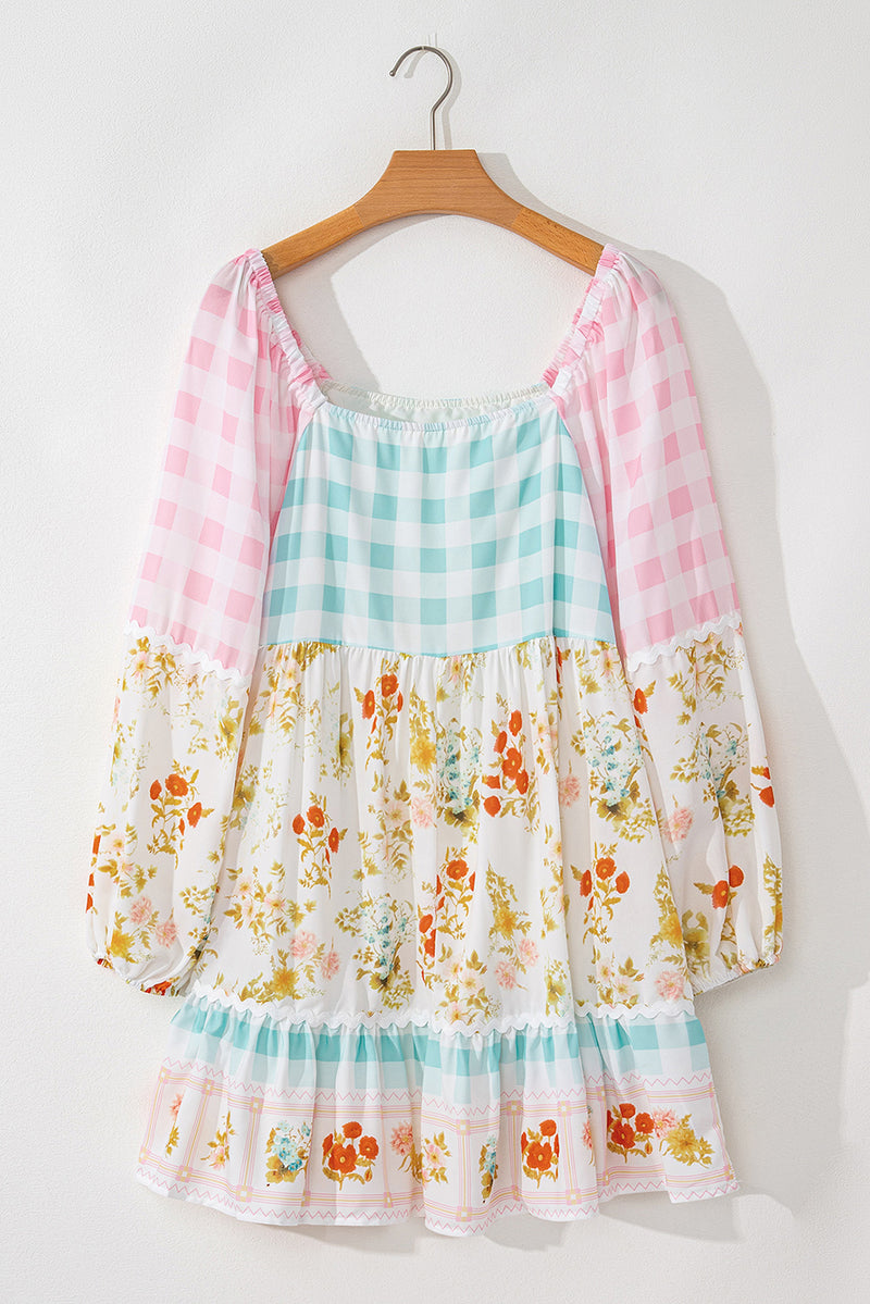 Pink Ric Rac Plaid Floral Print Patchwork Bubble Sleeve Dress