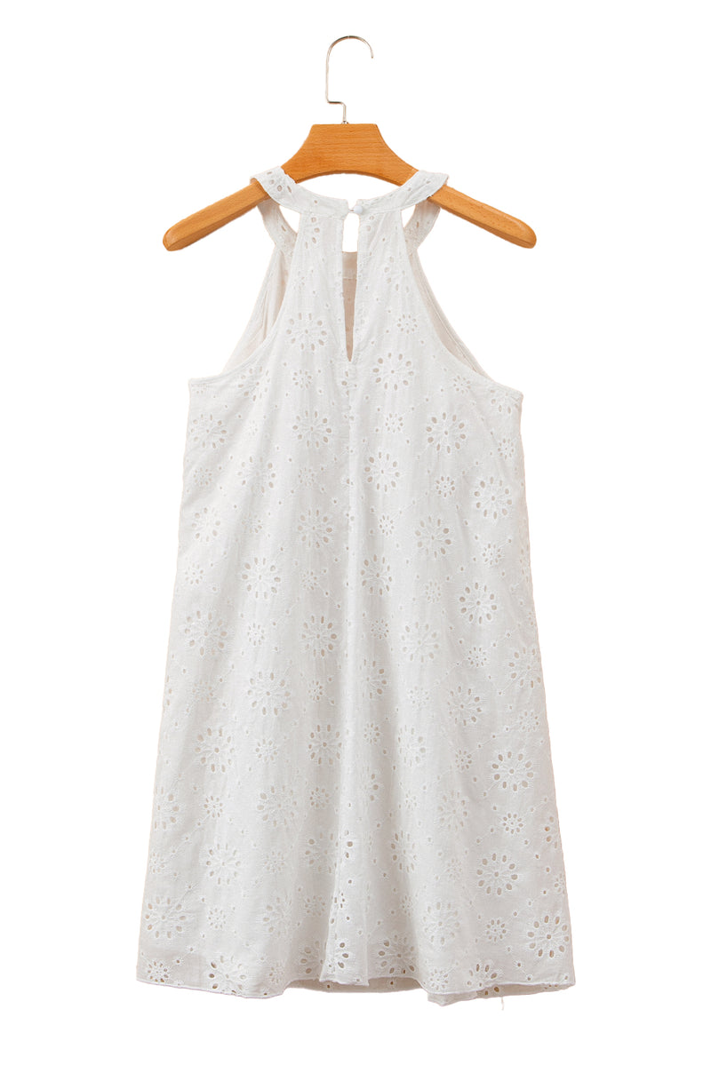 White Boho Eyelet Pattern Halter Neck Sleeveless Dress