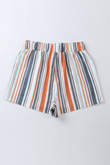 Stripe Vintage Washed Elastic Frill Waist Casual Shorts