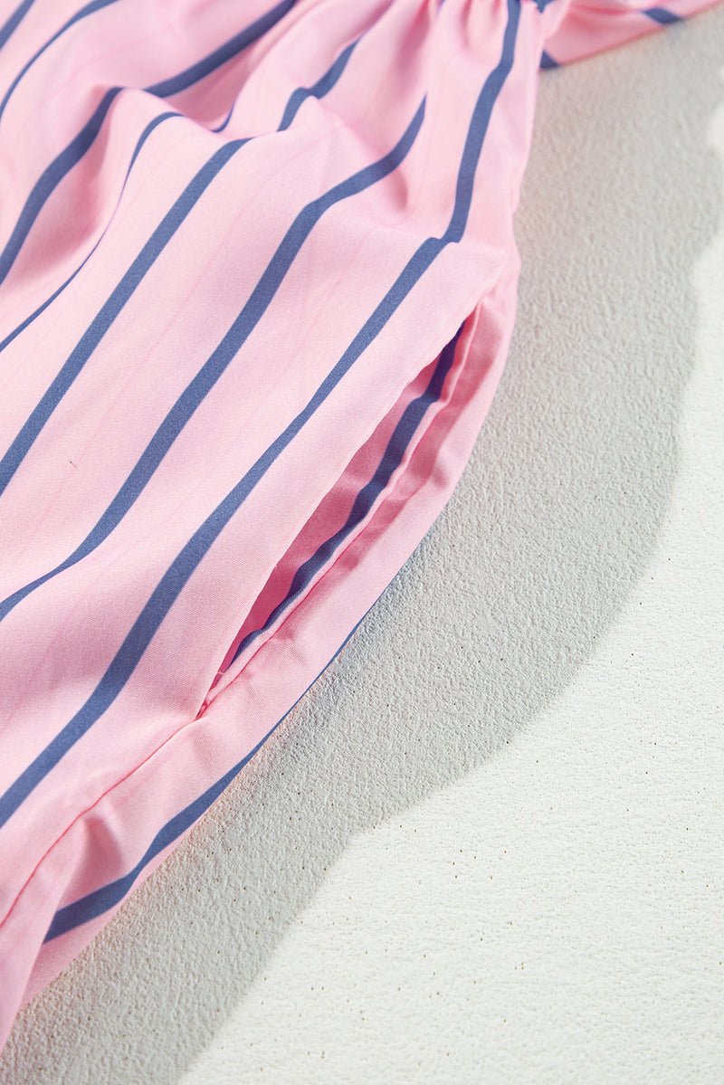 Pink Stripe Ruffled Hem Button-up Collared Shirt Mini Dress