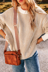 Chestnut Striped Textured Knit Contrast Edge Loose Sweater