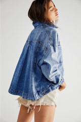 Dark Blue Washed Oversize Pocketed Denim Jacket