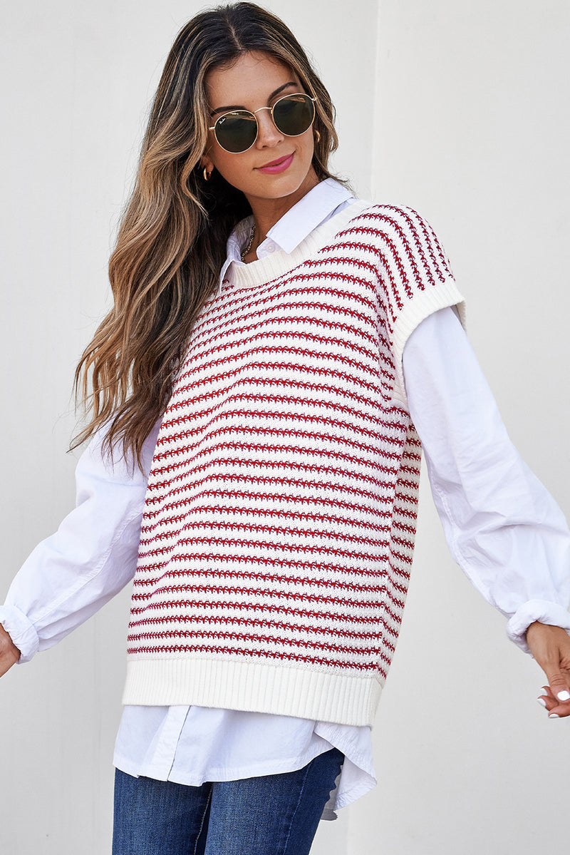 Red Stripe Ribbed Trim Loose Fit Knitted Sweater Vest