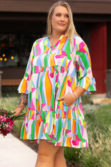 Multicolour Plus Size Vibrant Abstract Print Tiered Ruffled Mini Dress