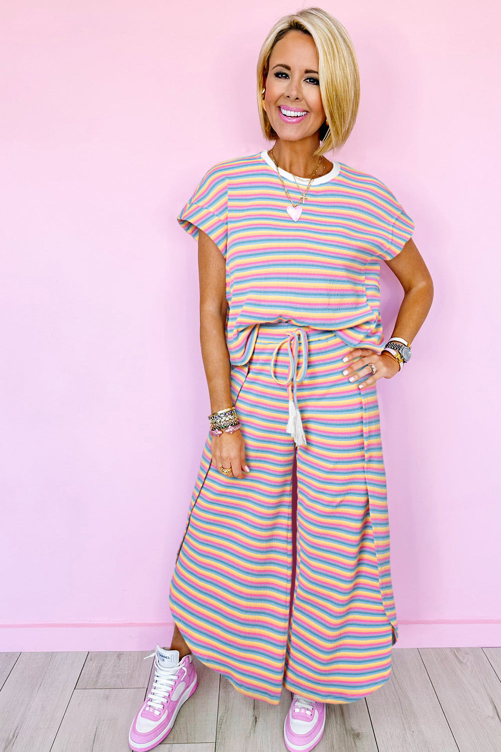 Pink Stripe Rainbow Tee Tasseled String Wide Leg Pants Set