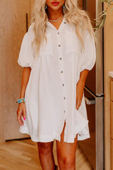 White Half Puff Sleeve Buttoned Shirt Mini Dress