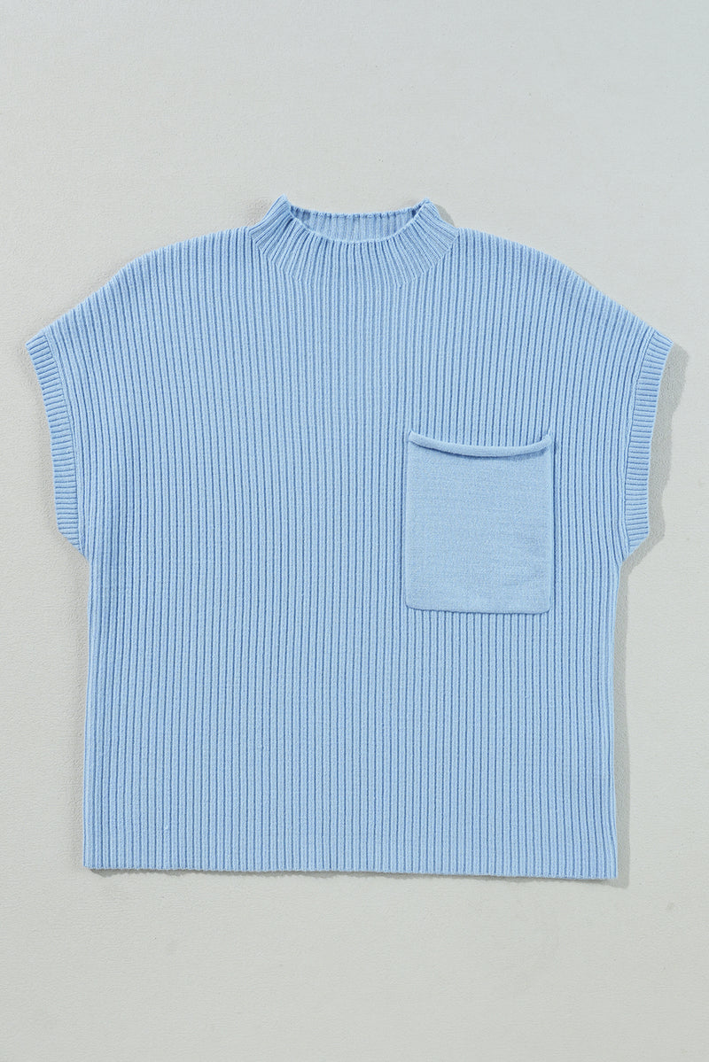 Beau Blue Patch Pocket Ribbed Knit Short Sleeve Sweater